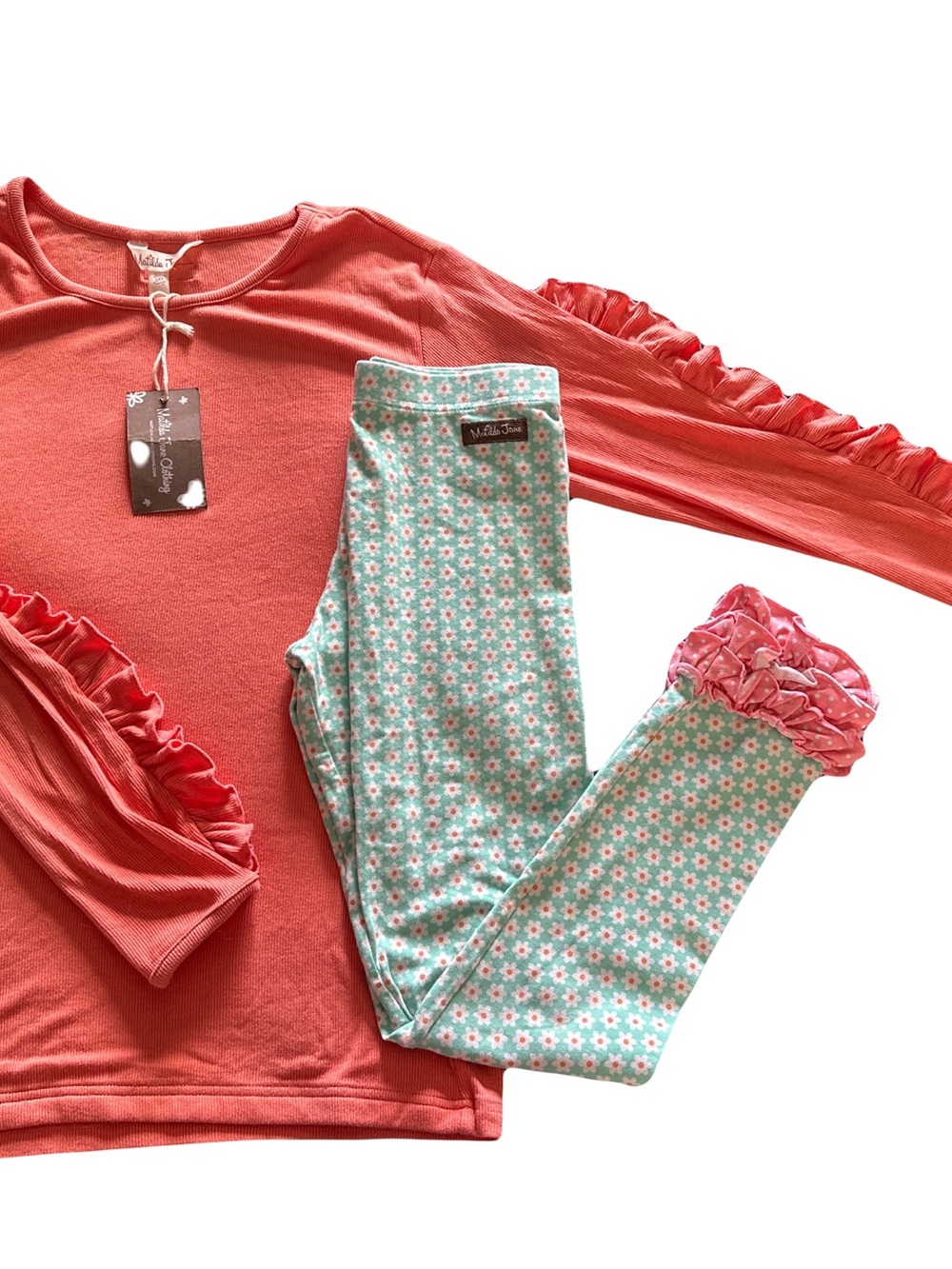 Matilda Jane Coral Ruffle Top with Mint Floral Ruffle Leggings